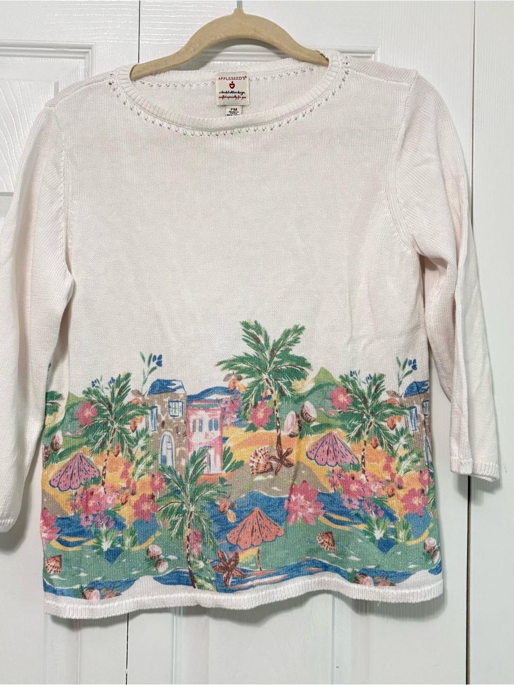 Appleseed's Pullover Linen Blend Summer Sweater Coastal Island Print Petite M